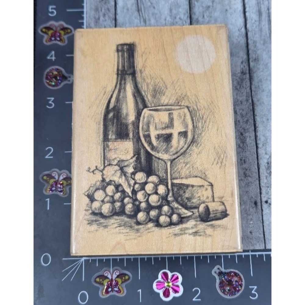 Inkadinkado Wine Glass Grapes Cheese Scene Rubber Stamp Wood #K55